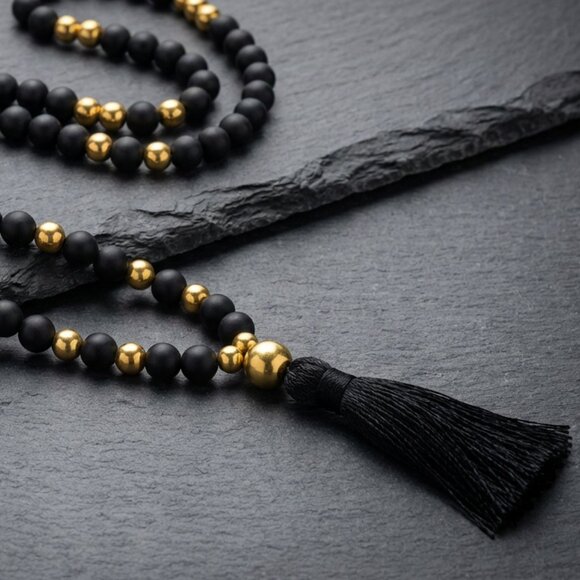 gorjana 32" Black Onyx & Gold Tassel Long Strand Necklace | Mala Style - Picture 3 of 7